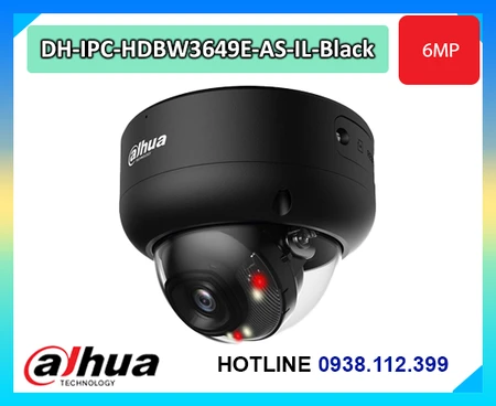Camera Dahua DH-IPC-HDBW3649E-AS-IL-Black, Camera IP Dome 6MP Dahua WizSense, Camera Dahua Smart Dual Light 30m, Camera AI Dahua SMD 4.0, Camera Dome Dahua IP67 IK10
